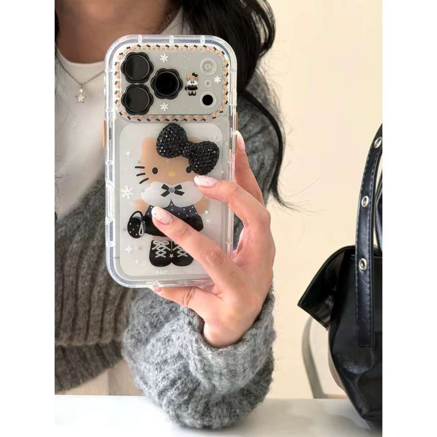 Sanrio Hello Kitty Handyhülle mit 3D Glitter Bogen Design in Schwarz für iPhone 13 bis iPhone 17 Pro Max inklusive Objektivschutz - Bild 3