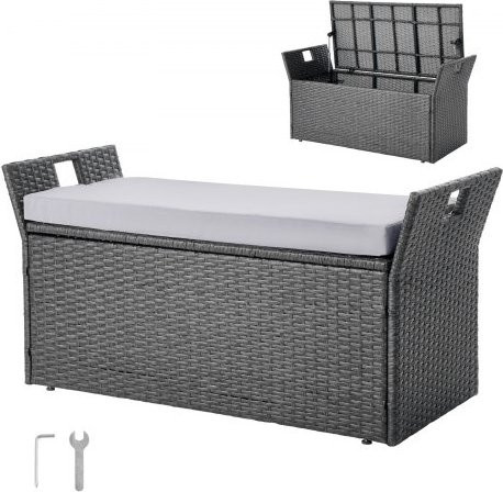 VEVOR Gartenbank mit Stauraum aus Polyrattan in Grau mit Kissen, B/T/H: 104 x 45 x 52 cm - Bild 1