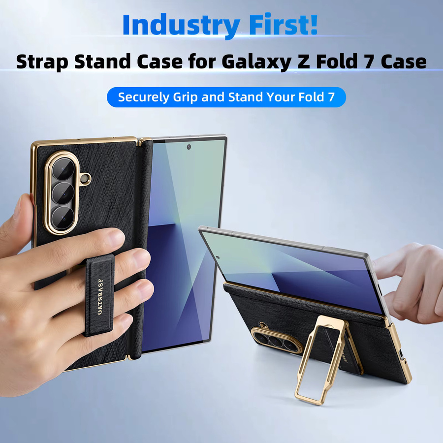 Oatsbasf Handyhülle für Samsung Galaxy Fold 7 aus Leder mit Trageriemen und 360 Grad drehbarem Metallständer in Schwarz und Silber - Bild 2