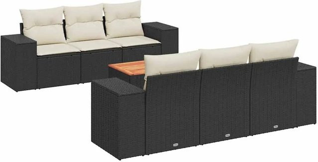vidaXL 7-teilige Garten-Sofagarnitur aus Poly-Rattan und Akazienholz in Schwarz-Creme mit Kissen - Bild 1