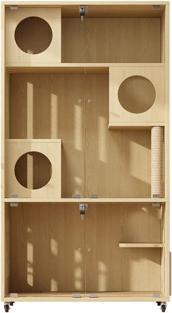 Merax Katzenkäfig aus Naturholz in Beige mit Rollen und Schlüsselverschluss, B/T/H: 90 x 50 x 166 cm - Bild 1