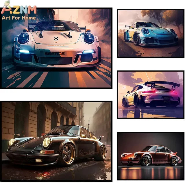 AZNM Vintage Porsche 911 Leinwand-Wandkunst von Rastar, Klassisches Sportwagen-Poster in Mehrfarbig, Ungerahmt - Bild 1