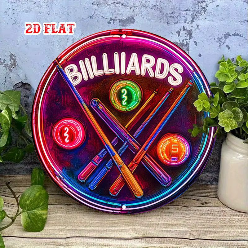 CIFBUY Retro 2D-Leuchtreklame aus Metall mit Pool-Queue und Ball, Vintage Wandkunst in Multicolour - Bild 3