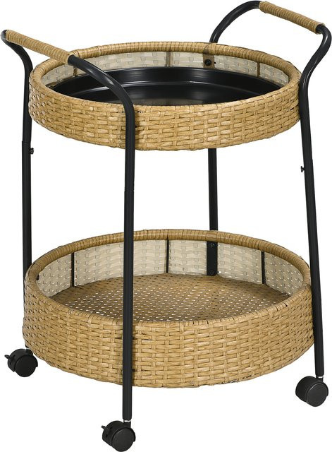 Outsunny Servierwagen in Rattan-Optik mit 2 Regalen und Rollen, runder Outdoor Barwagen für Garten und Küche, Farbe: Natur/Braun, Durchmesser: 50 cm, Höhe: 66 cm - Bild 1