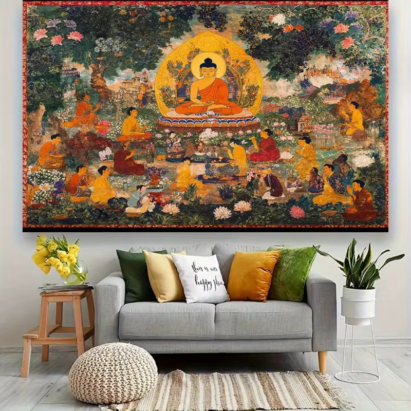 VIKAMA Tibetischer Buddhistischer Wandteppich mit goldenem Buddha Mandala in Gold und Multicolour - Bild 2