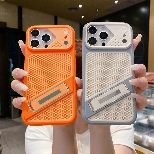 Stoßfeste Handyhülle mit wabenförmigem Kühlungsdesign und faltbarem Ständer für iPhone 11 bis iPhone 17 Pro Max in Pink und Orange - Bild 1