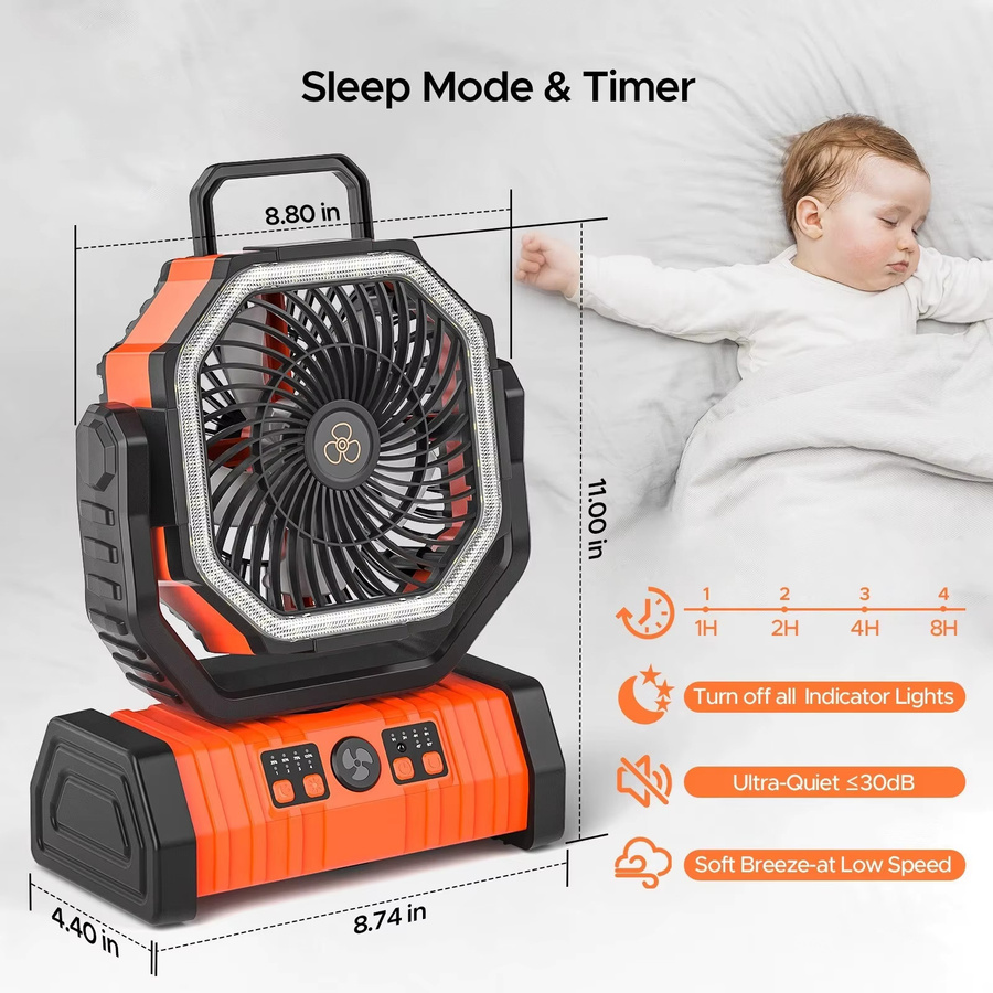 XIAOTREE Camping-Ventilator mit 20000 mAh Akku, wiederaufladbar, mit LED-Licht und Aufhängehaken, erhältlich in Grün oder Orange - Bild 3