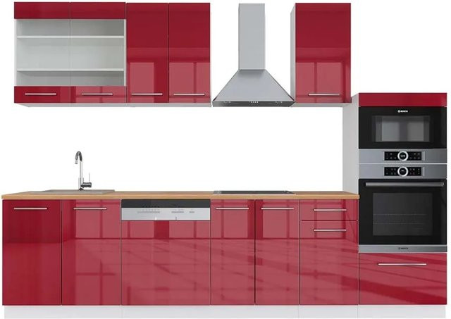 Vicco Fame-Line Küchenzeile Bordeaux Hochglanz und Weiß mit Hochschrank Eiche, Breite: 300 cm - Bild 1
