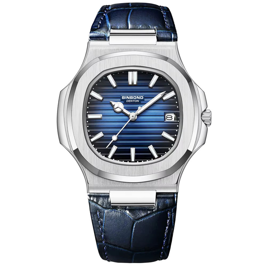 BINBOND Armbanduhr Quarz, Tonneau, Edelstahl, Blau, Lederarmband, Herren - Bild 7