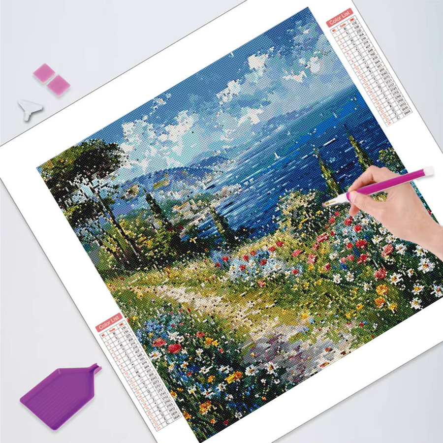 HUACAN 5D Diamant-Mosaik Set Landschaft mit Meer und Bergen, rund, mehrfarbig, Durchmesser: 20 cm - Bild 2