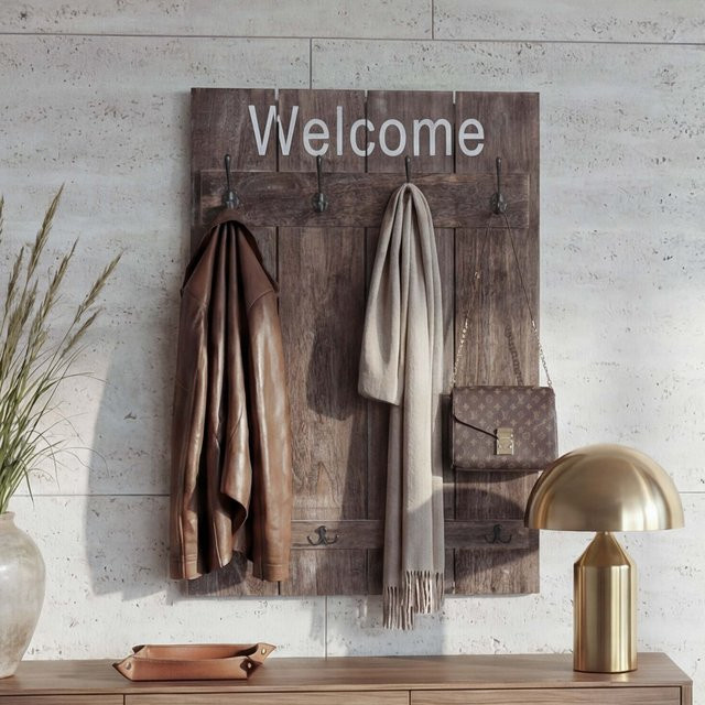 Wandgarderobe MCW Welcome C89 aus Paulowniaholz im Shabby-Look, Farbe: Braun, Breite: 91 cm, Höhe: 60 cm - Bild 1