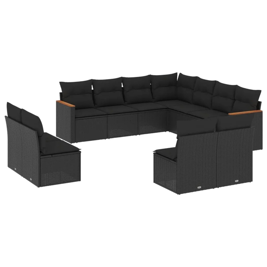 vidaXL 11-teilige Garten-Sofagarnitur in U-Form aus Polyrattan und Akazienholz mit Kissen in Schwarz - Bild 2