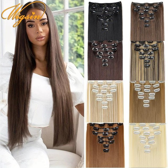 WIGSIN Haarverlängerung, 24 Zoll, synthetisch, 7 Teile, schwarz blond, Damen - Bild 1