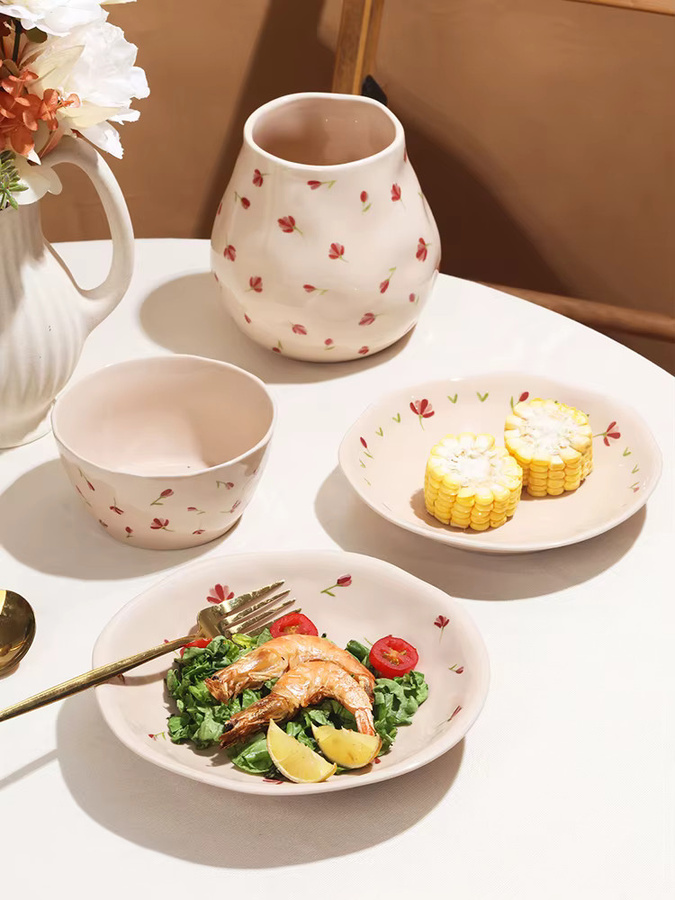 SOLECASA Keramik Geschirrset mit Blumenmuster bestehend aus Essteller, Suppenschüssel, Salatschüssel und Kaffeetasse, mikrowellengeeignet - Bild 4