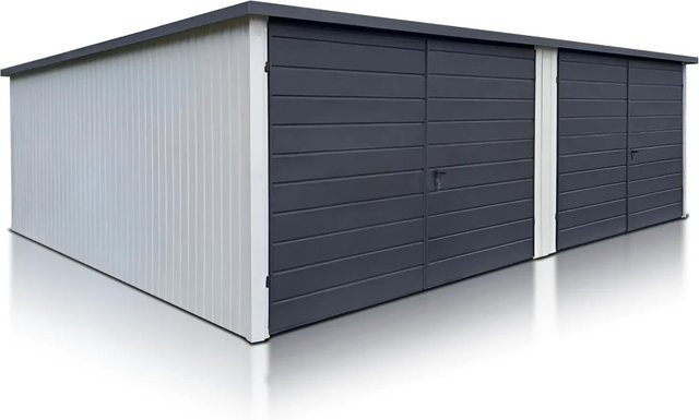 Liderstal Doppelgarage Premium aus Blech mit Pultdach und Doppelflügeltor in Weiß, B: 700 cm, T: 500 cm - Bild 1