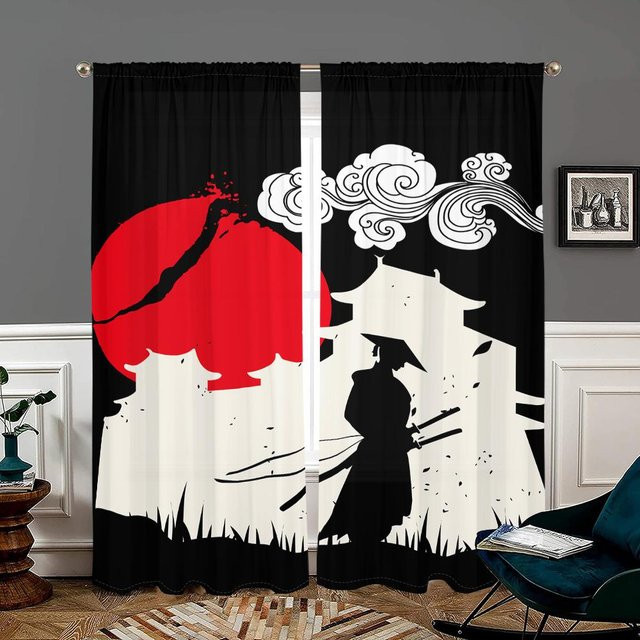 2er-Set Japanische Samurai Rote Sonne Vorhänge, halbtransparent, Schwarz/Mehrfarbig, B: 150 cm, H: 166 cm - Bild 1
