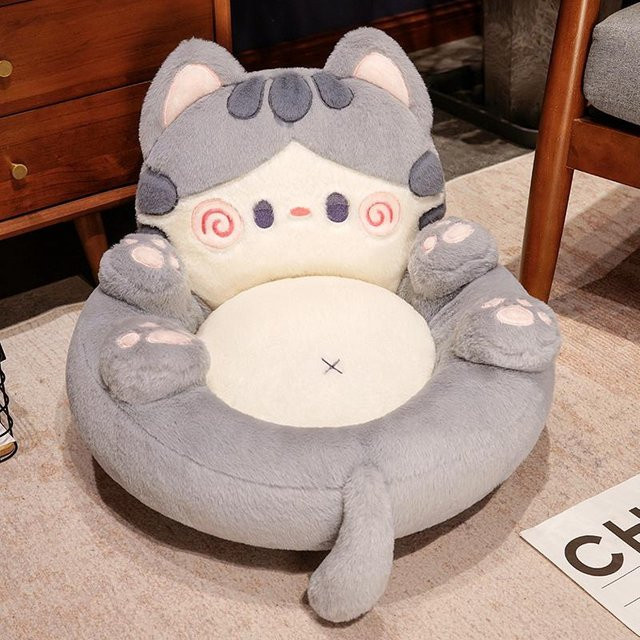 Kawaii Cartoon Katze Stofftier Schlafkissen als Lendenstützkissen für Bürostuhl oder Sofa, Grau - Bild 1