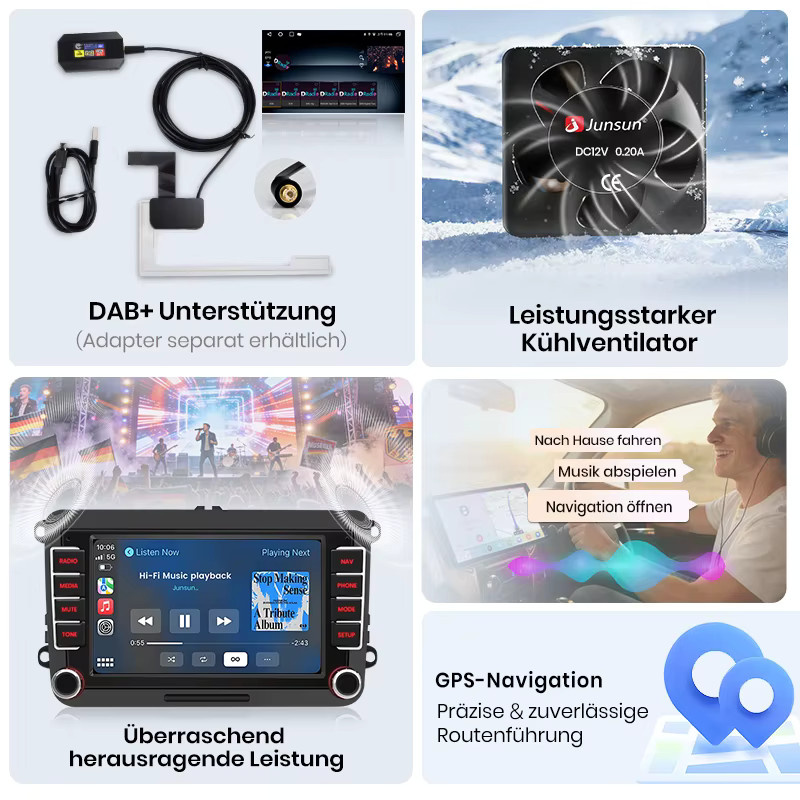 Junsun Android Autoradio mit 7 Zoll IPS-Bildschirm und Bluetooth für VW Volkswagen Skoda Octavia Golf 5 6 Touran Passat B6 Polo Jetta, kabellos für Apple CarPlay, Schwarz - Bild 4