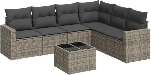 vidaXL 7-tlg. Garten-Sofagarnitur in L-Form aus grauem Poly-Rattan mit Kissen und pulverbeschichtetem Stahlgestell - Bild 1