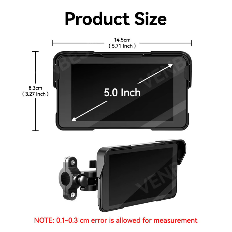 VENBES Motorrad CarPlay mit 5 Zoll GPS-Navigation, kabellos, Android und Bluetooth, wasserdicht, Schwarz - Bild 2