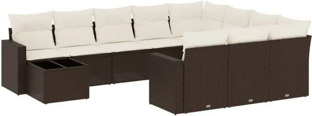 vidaXL 11-tlg. Garten-Sofagarnitur in L-Form aus braunem PE-Rattan mit Kissen und Glastisch - Bild 1