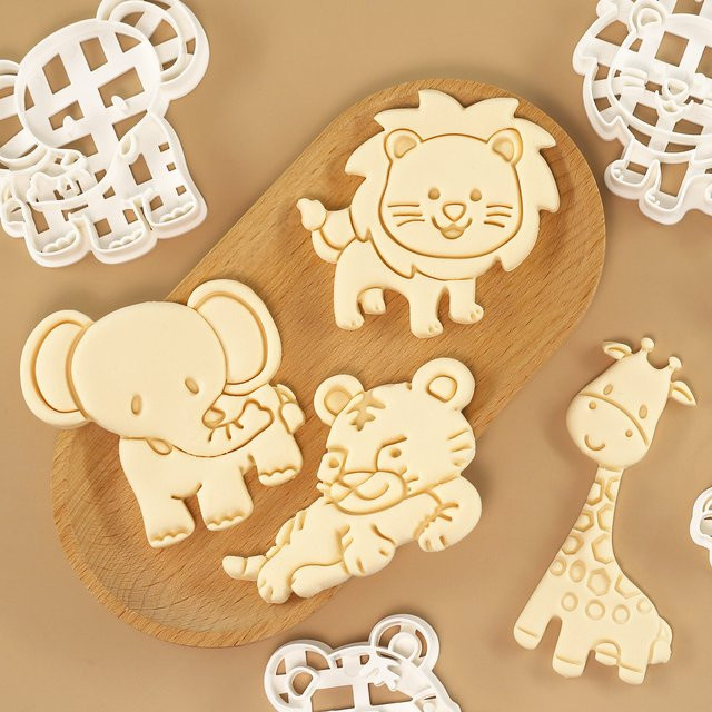 4-teiliges Set Keksform Cartoon-Waldtiere in Weiß: Elefant, Giraffe, Löwe und Tiger aus Kunststoff für Kindergeburtstage und Weihnachten - Bild 1
