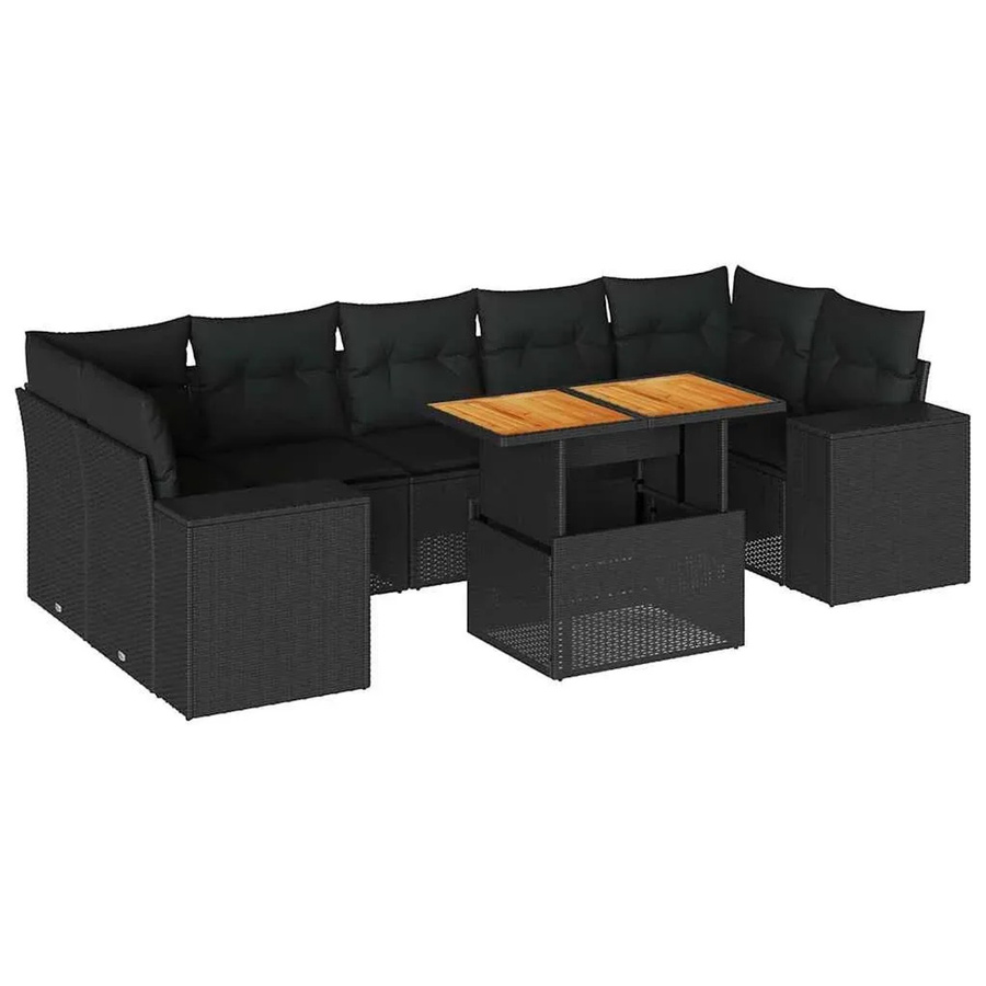vidaXL 8-teilige Garten-Sofagarnitur in L-Form aus Polyrattan und Akazienholz mit Kissen in Schwarz - Bild 2