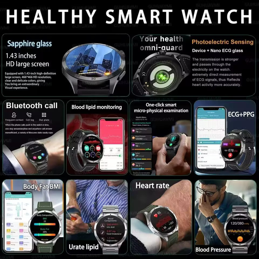 GUHUAVMI Smartwatch für Herren mit EKG und PPG zur Blutdruck-, Harnsäure- und Lipidanalyse, Bluetooth-Anruffunktion, Farbe: Schwarz - Bild 2