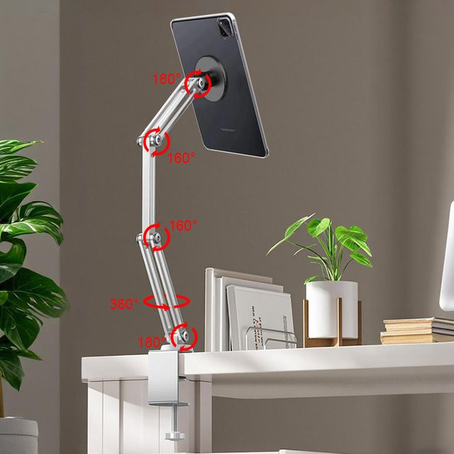 OUTMIX Magnetischer Bett-Handyhalter mit Clip-Halterung und verstellbarem, drehbarem Display-Ständer in Silber für iPad, Galaxy, Xiaomi und Kindle Tablets - Bild 1