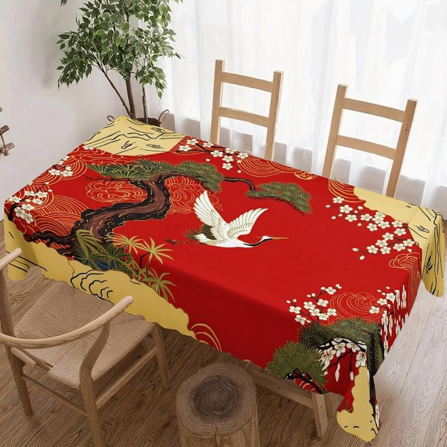 Wasserdichte Tischdecke im japanischen Stil mit Kranich und Kiefer von JINGYUE Pet, beige, B/T: 140 x 90 cm - Bild 1