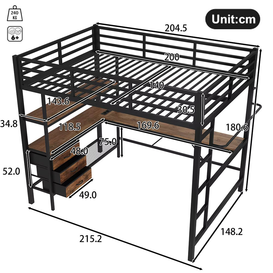 KOMHTOM Hochbett mit LED-Beleuchtung, Schreibtisch, USB-Ladestation, 3 Schubladen, Regalen und Treppe in Schwarz, B/T/H: 140 x 200 cm, ohne Matratze - Bild 3