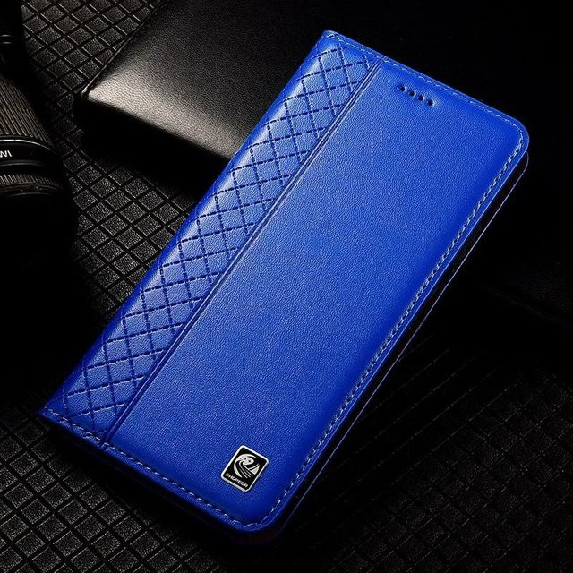 Samsung Flip-Case aus echtem Rindsleder mit Gittermuster und magnetischer Abdeckung für Galaxy S26 S25 S24 S23 Ultra Plus FE 5G in Blau - Bild 1