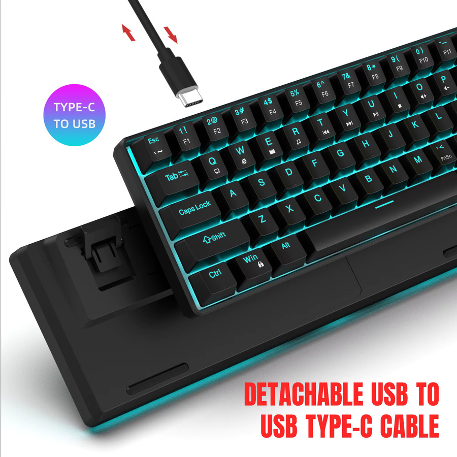 HXSJ Mechanische 68-Tasten-Tastatur in Schwarz mit Hintergrundbeleuchtung, zweifarbigen Tastenkappen und abnehmbarem USB-C-Kabel - Bild 3