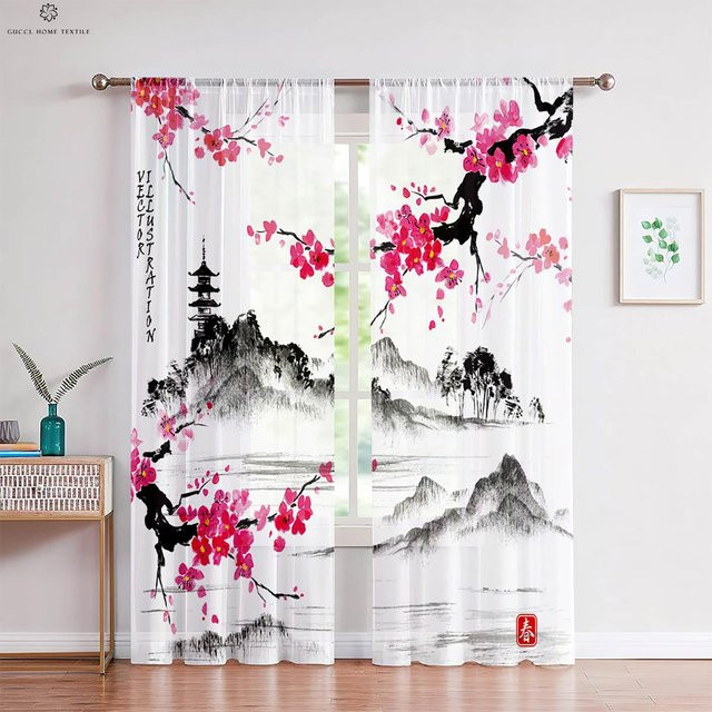 Yiran Furniture Dekorative Vorhänge im Zen-Stil mit Tuschelandschaft und Pfirsichblüte, 2er-Set, halbtransparent, Mehrfarbig, B: 50 cm, H: 130 cm - Bild 1
