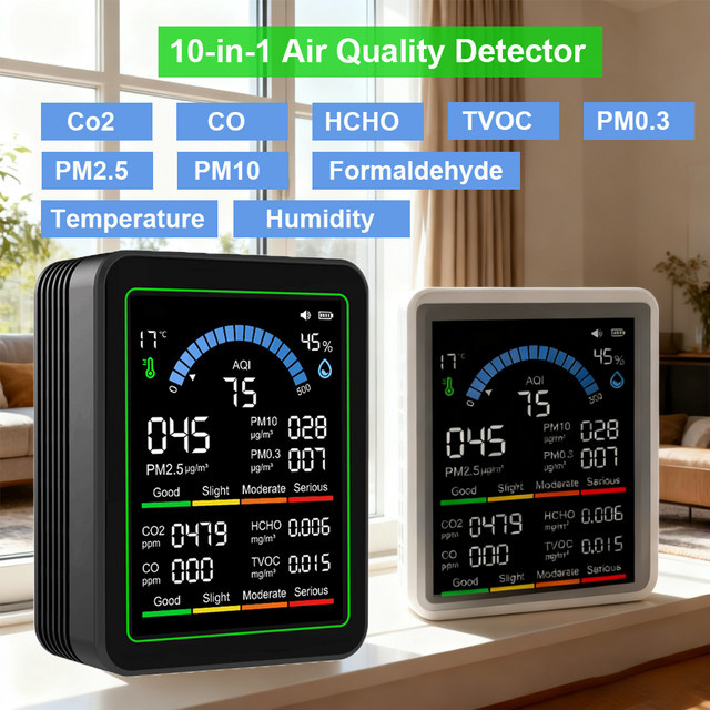 Gaqqee 10-in-1 CO2 Luftqualitätsdetektor in Weiß mit PM0.3 PM1.0 PM2.5 PM10 HCHO TVOC Messung sowie Temperatur- und Feuchtigkeitsmesser - Bild 1