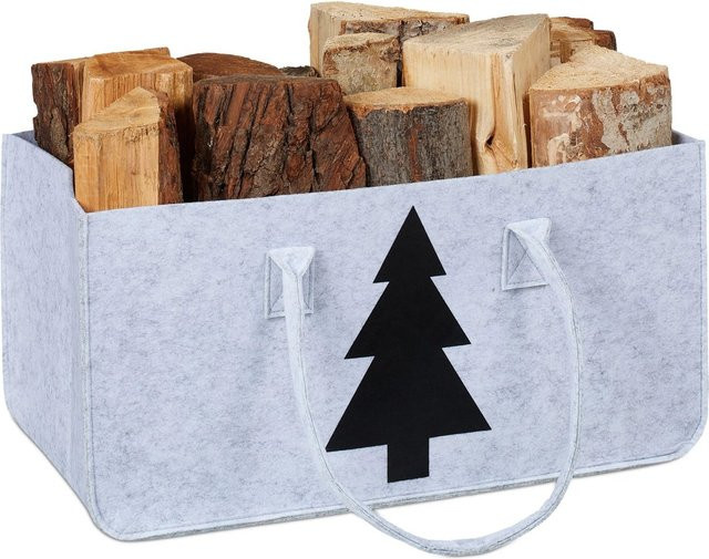Relaxdays Kaminholztasche aus Filz in Hellgrau mit Tannenbaum Motiv, faltbar, B/T/H: 25 x 50 x 25 cm - Bild 1