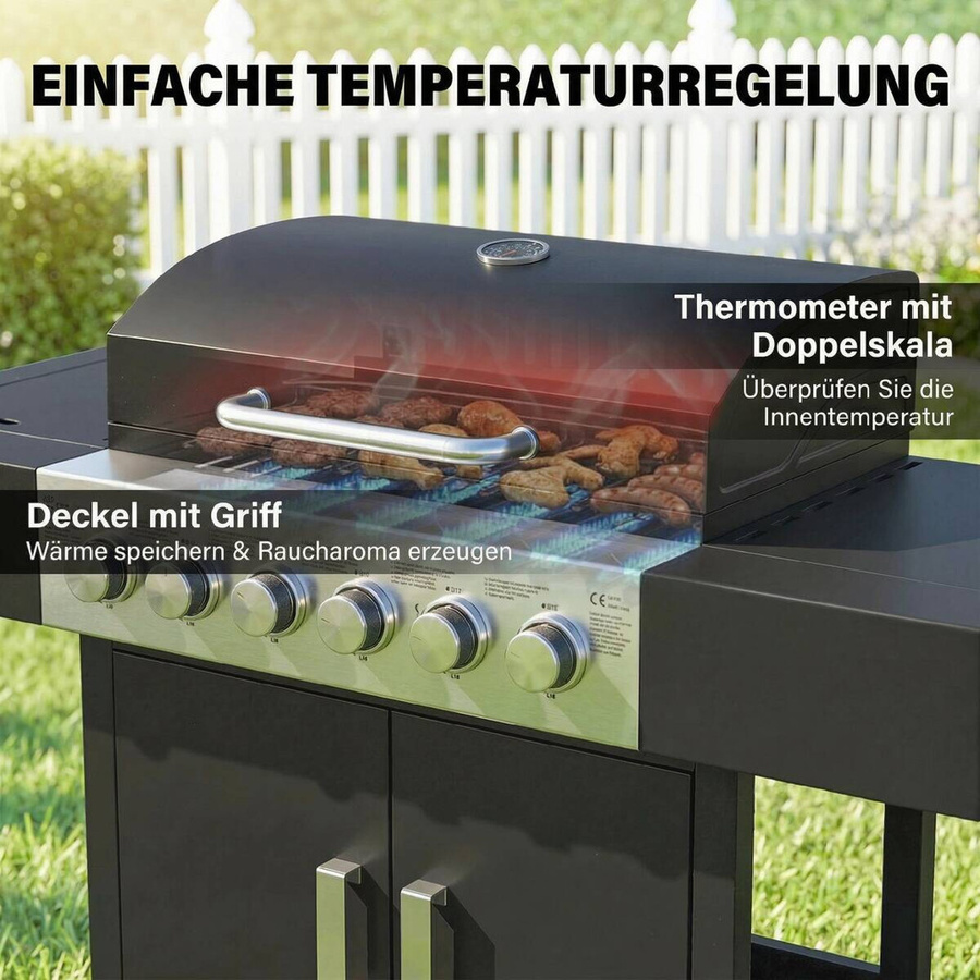 Outsunny Gasgrill aus Edelstahl mit 6+1 Brennern, Seitenbrenner, Thermometer und Rollen, Farbe: Schwarz, B/H/T: 51 x 101 x 135 cm - Bild 5