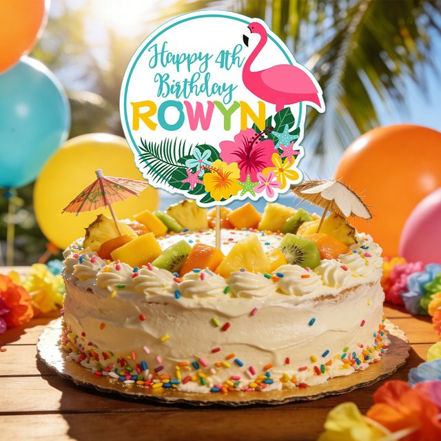 Personalisierte Tortendekoration mit Flamingo und Blumen in Multicolor, anpassbar mit Name und Alter für deine tropische Geburtstagsparty von cyuan - Bild 1