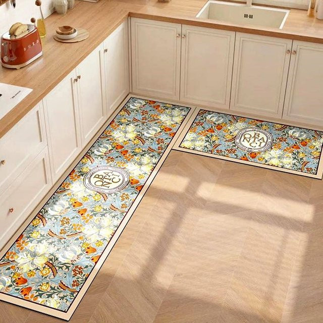 VIKAMA 2-teiliges PVC-Bodenmatten-Set für Küche und Bad, rutschfest, ölbeständig und wasserabsorbierend, Streifen-Design, Vintage-Look, Multicolour, B/T: 120 x 40 cm - Bild 1