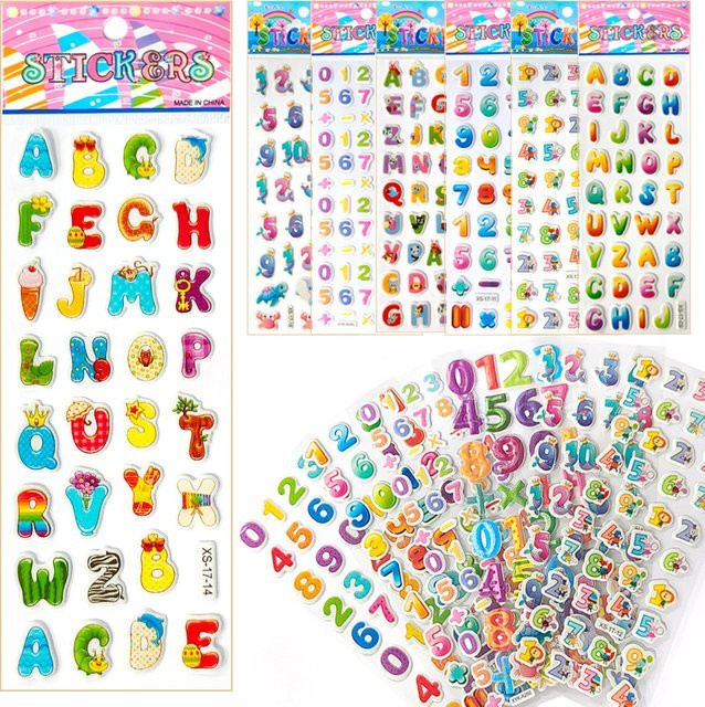 ZYF 3D Puffy Aufkleber mit englischem Alphabet und Zahlen, Mehrfarbig, 6 oder 12 Blatt für Scrapbook und Dekoration - Bild 1