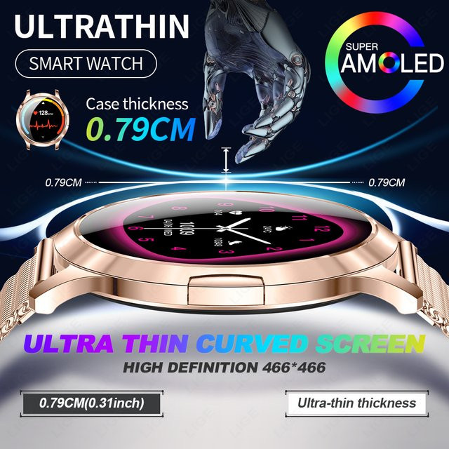 LIGE Smartwatch, Damen, Roségold, Silikon, Schwarz, 1,32 Zoll - Bild 1