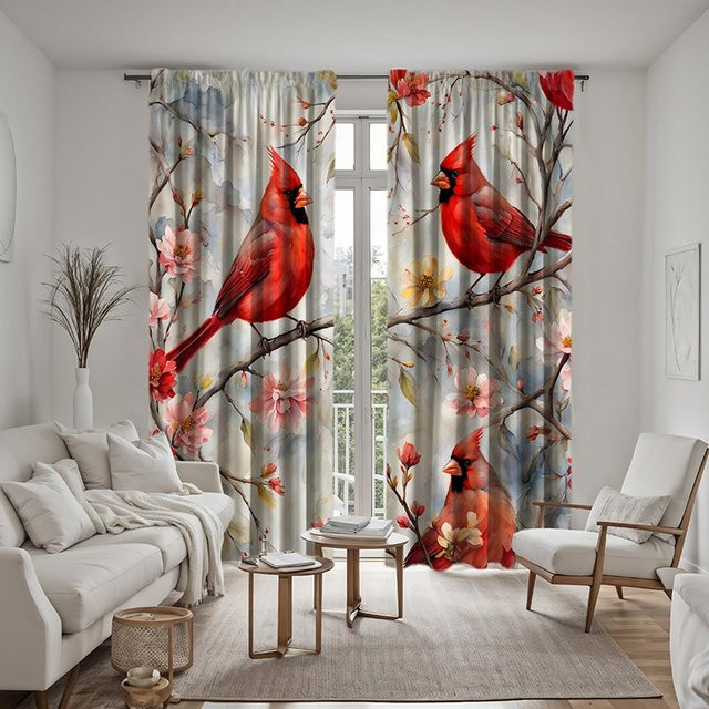 2er-Set Dekovorhang mit Blumenbaum und Elster Motiv in Grau, digital bedruckt, halbtransparent, B: 132 cm, H: 160 cm - Bild 1