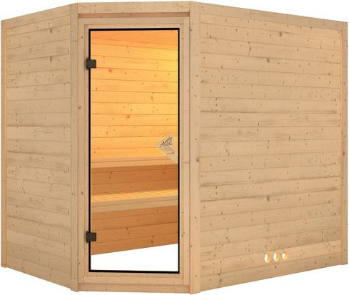 Karibu Sauna Kärdla für 4 Personen aus Fichtenholz in Beige ohne Ofen B: 236 cm, T: 209 cm, H: 184 cm - Bild 1