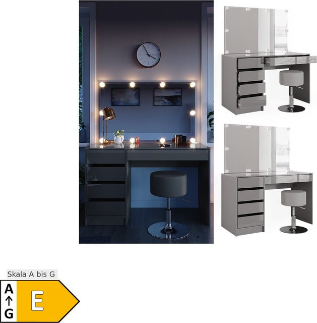 Vicco Schminktisch mit LED-Spiegel und Hocker in Sherry Grau, Hochglanz, B/T/H: 120 x 75 x 59,54 cm - Bild 1