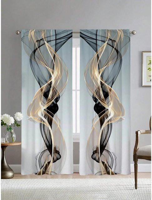 2-teiliges Set abstrakte Linien-Kunstdruck-Vorhänge in Weiß mit Haken, semi-transparent, B: 50 cm, H: 130 cm - Bild 1