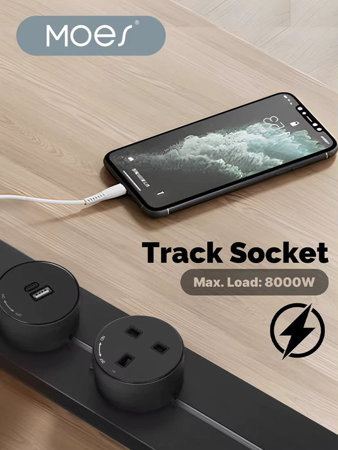 MOES Wandsteckdosenleiste mit beweglicher Schienenführung und USB-C Anschluss in Schwarz für Schreibtisch, Küche und Büro mit EU und UK Steckadapter Universal - Bild 6