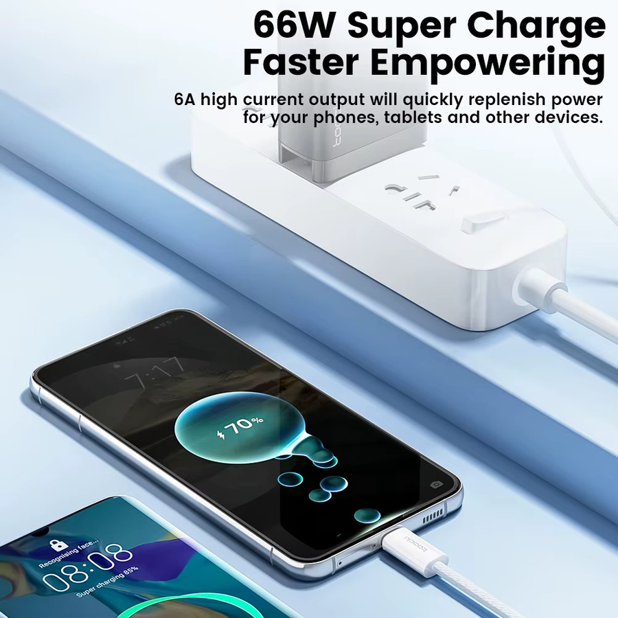 Toocki USB auf USB-C Schnellladekabel mit 100W Leistung, weißes Typ-C Datenkabel für iPhone und Samsung - Bild 2