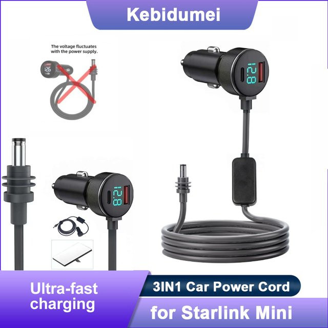Kebidumei Autoladegerät für Starlink Mini mit 2m DC-Stromversorgung und Typ-C Eingang, Wasserdichtes Ersatzkabel mit Digitalanzeige in Schwarz - Bild 1