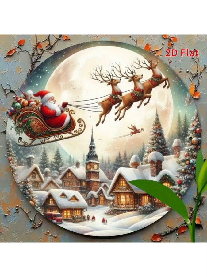 HELLOYOUNG Vintage Weihnachtsmann Schlitten Metall Wanddekoration mit Rentier und Winterdorf, Mehrfarbig, B/H: 20 x 20 cm - Bild 6