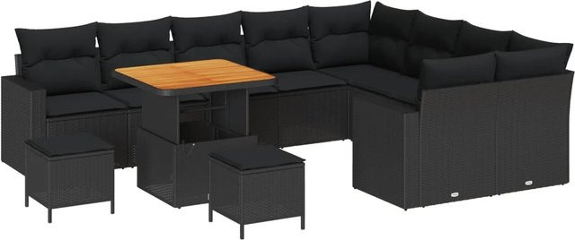 vidaXL Gartensofa-Set in L-Form mit Polsterkissen und Couchtisch, Schwarz, Poly-Rattan und Metall - Bild 1
